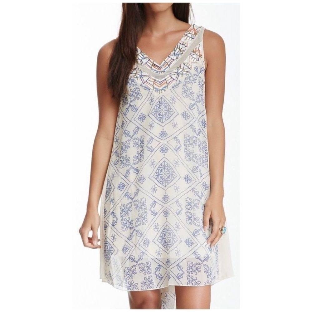 Free People Boho Ancient Mystery Shift Dress Beaded Lined High Low Hem SZ S